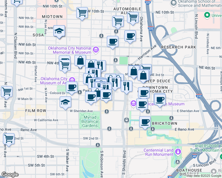 map of restaurants, bars, coffee shops, grocery stores, and more near 101 Park Avenue in Oklahoma City