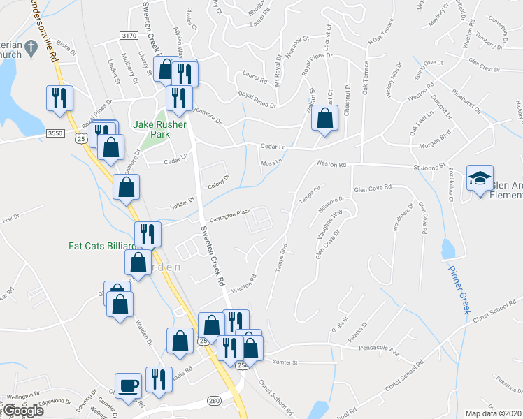 map of restaurants, bars, coffee shops, grocery stores, and more near 601 Carrington Place in Arden