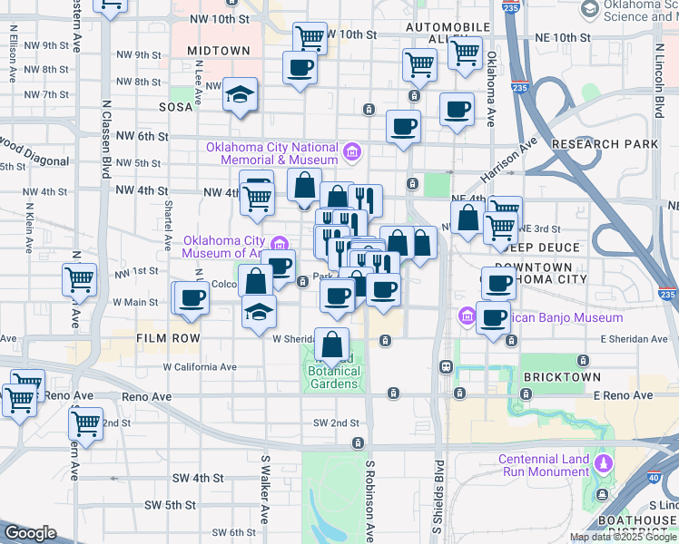 map of restaurants, bars, coffee shops, grocery stores, and more near 214 North Harvey Avenue in Oklahoma City