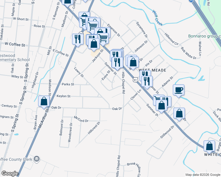 map of restaurants, bars, coffee shops, grocery stores, and more near 1111 Woodland Drive in Manchester