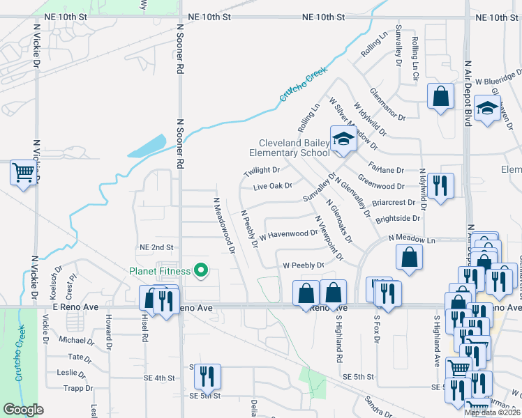 map of restaurants, bars, coffee shops, grocery stores, and more near 1220 Sunvalley Drive in Midwest City