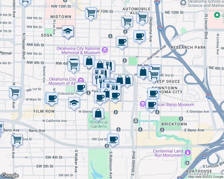 map of restaurants, bars, coffee shops, grocery stores, and more near 210 Park Avenue in Oklahoma City