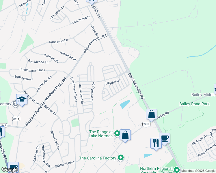 map of restaurants, bars, coffee shops, grocery stores, and more near 9210 Ducati Lane in Cornelius