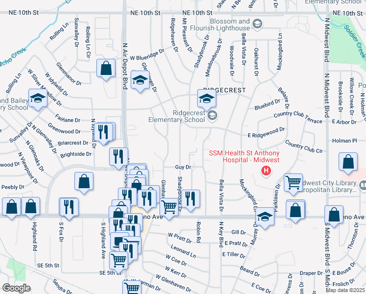 map of restaurants, bars, coffee shops, grocery stores, and more near 3024 Shadybrook Drive in Midwest City