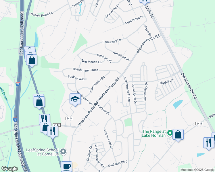 map of restaurants, bars, coffee shops, grocery stores, and more near 10213 Washam Potts Road in Cornelius