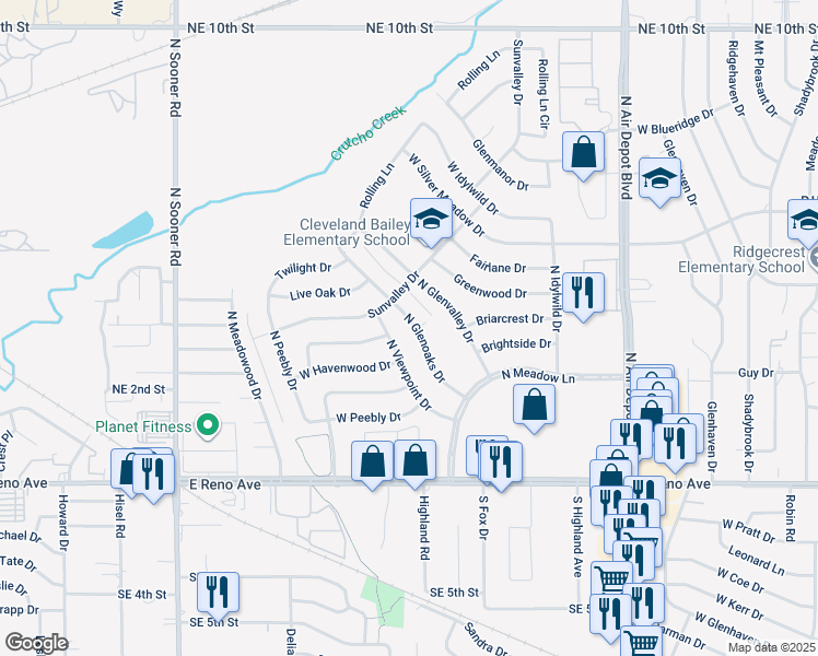 map of restaurants, bars, coffee shops, grocery stores, and more near 3301 North Glenoaks Drive in Midwest City