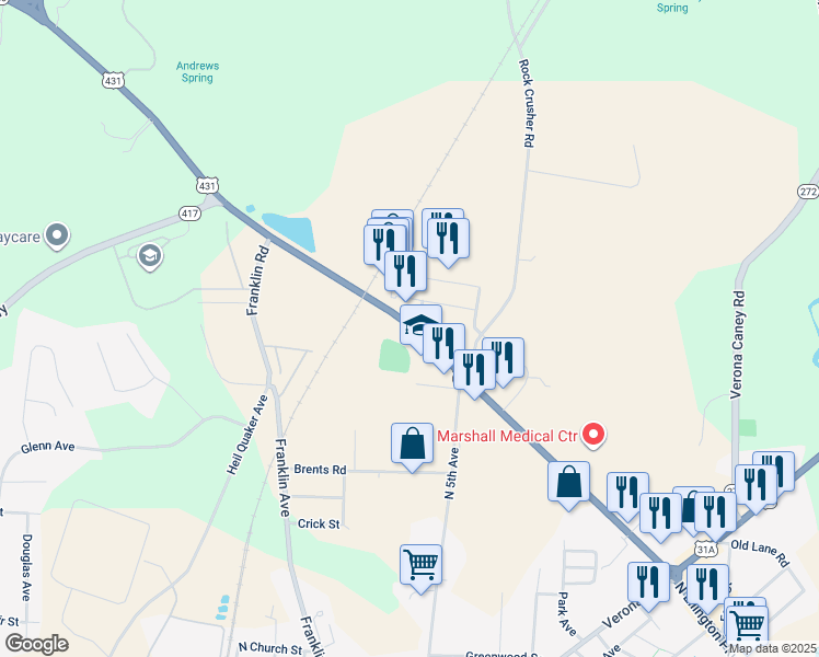 map of restaurants, bars, coffee shops, grocery stores, and more near 1351 North Ellington Parkway in Lewisburg