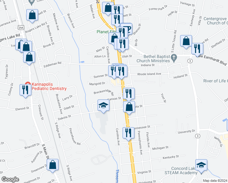 map of restaurants, bars, coffee shops, grocery stores, and more near 624 Breckenridge Road in Kannapolis