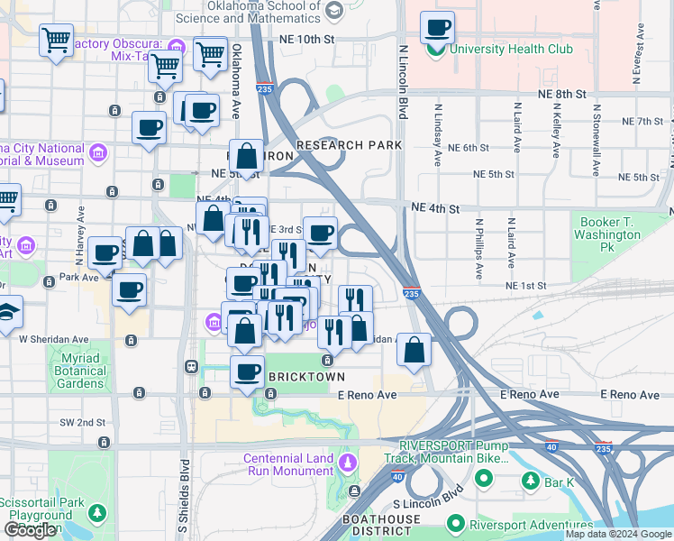 map of restaurants, bars, coffee shops, grocery stores, and more near 210 Russell M.Perry Avenue in Oklahoma City