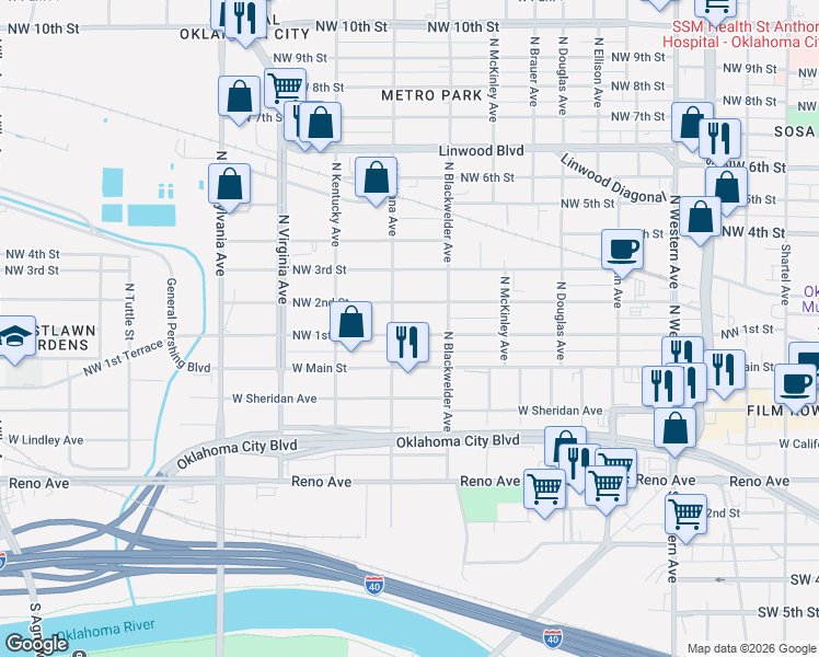 map of restaurants, bars, coffee shops, grocery stores, and more near 1527 Northwest 1st Street in Oklahoma City