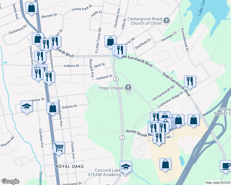 map of restaurants, bars, coffee shops, grocery stores, and more near 1712 Concord Lake Road in Kannapolis