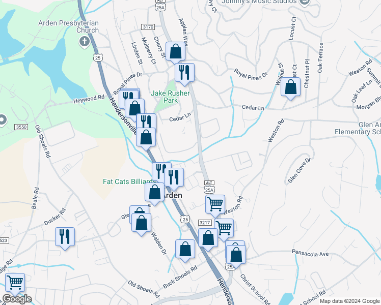 map of restaurants, bars, coffee shops, grocery stores, and more near 6 Holiday Drive in Arden