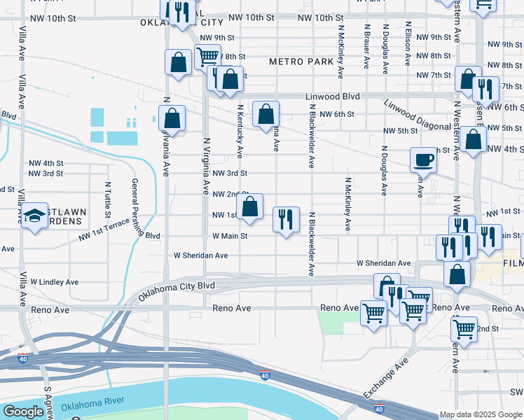 map of restaurants, bars, coffee shops, grocery stores, and more near 1617 Northwest 1st Street in Oklahoma City