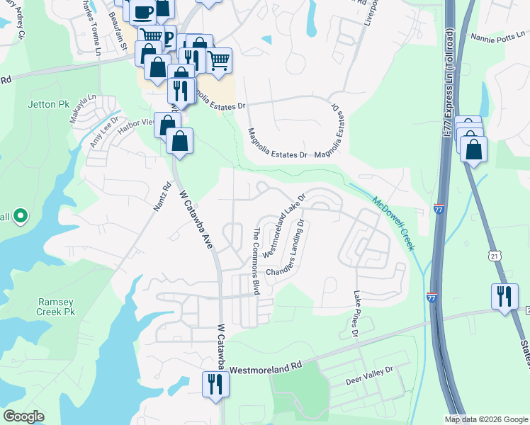 map of restaurants, bars, coffee shops, grocery stores, and more near 18721 The Commons Boulevard in Cornelius