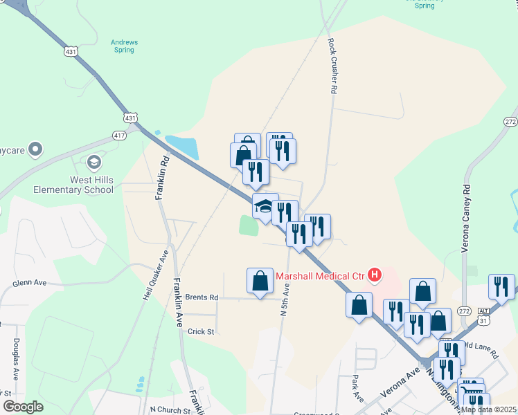 map of restaurants, bars, coffee shops, grocery stores, and more near 1351 North Ellington Parkway in Lewisburg