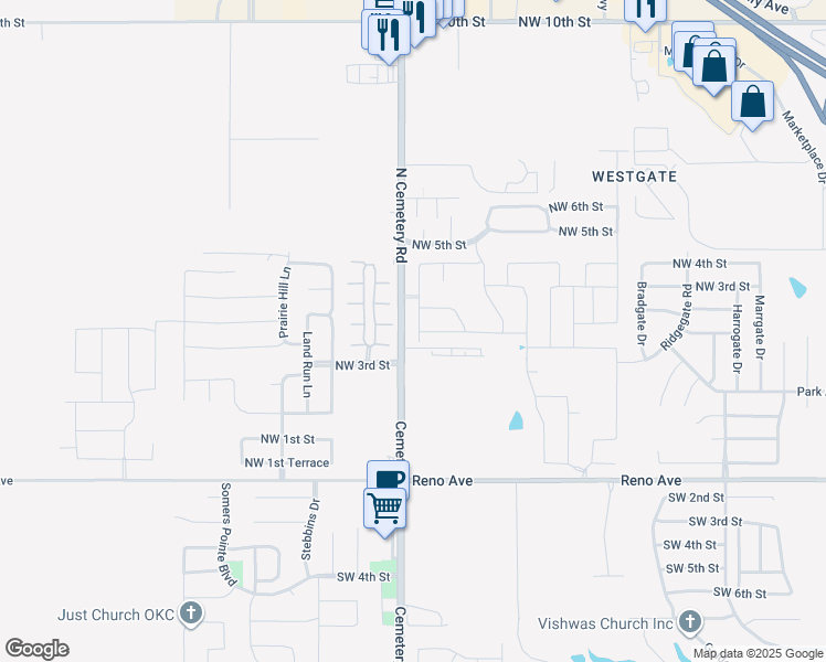 map of restaurants, bars, coffee shops, grocery stores, and more near 421 Compass Drive in Yukon