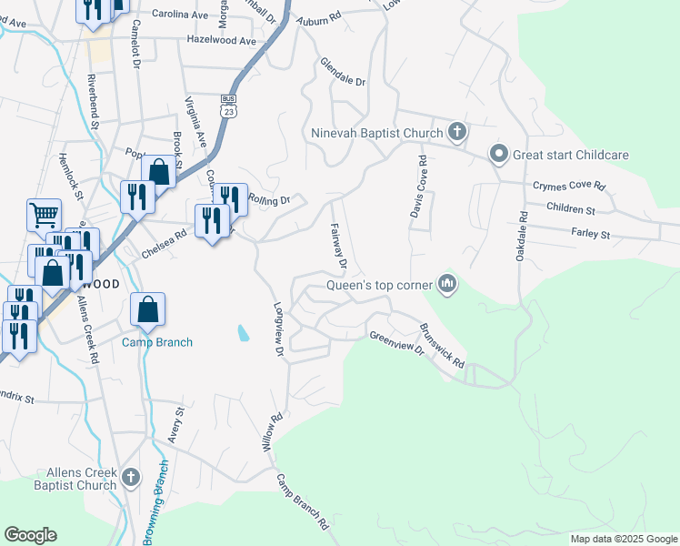 map of restaurants, bars, coffee shops, grocery stores, and more near 198 Fairway Drive in Waynesville