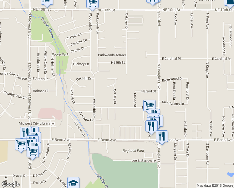 map of restaurants, bars, coffee shops, grocery stores, and more near 3128 Del Rey Drive in Midwest City