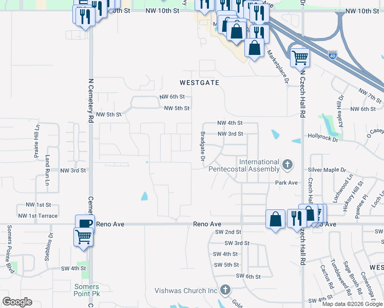 map of restaurants, bars, coffee shops, grocery stores, and more near 12600 Northwest 3rd Street in Yukon