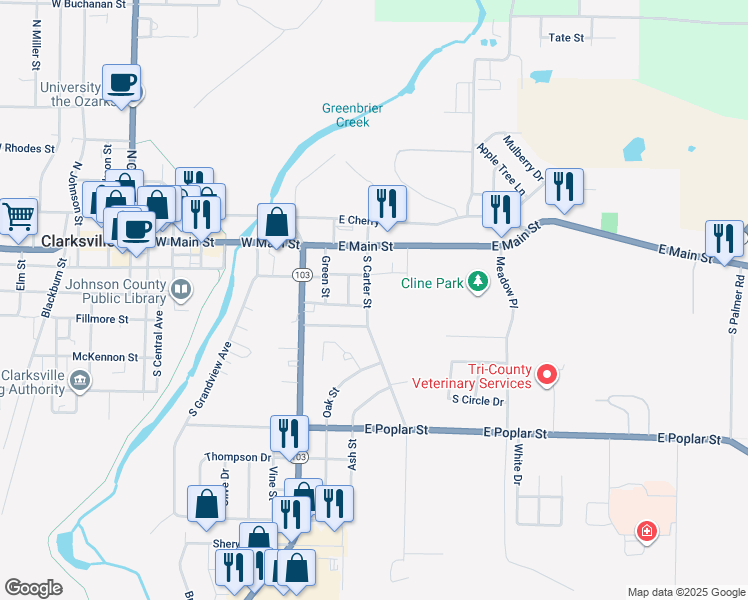 map of restaurants, bars, coffee shops, grocery stores, and more near 213 South Carter Street in Clarksville