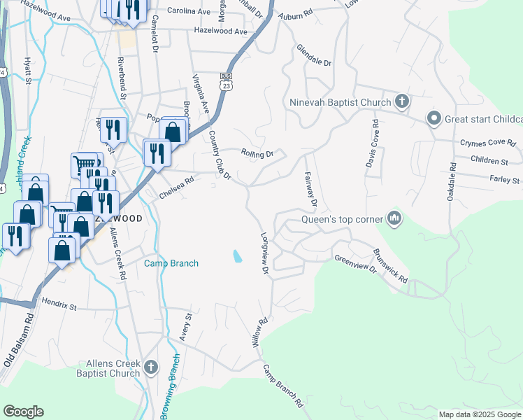 map of restaurants, bars, coffee shops, grocery stores, and more near 344 Fairway Dr in Waynesville