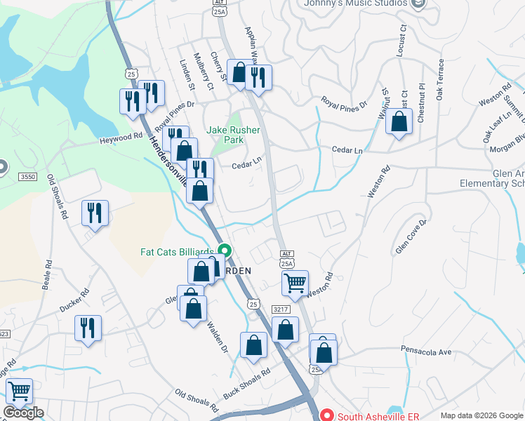 map of restaurants, bars, coffee shops, grocery stores, and more near 4 Holiday Drive in Arden