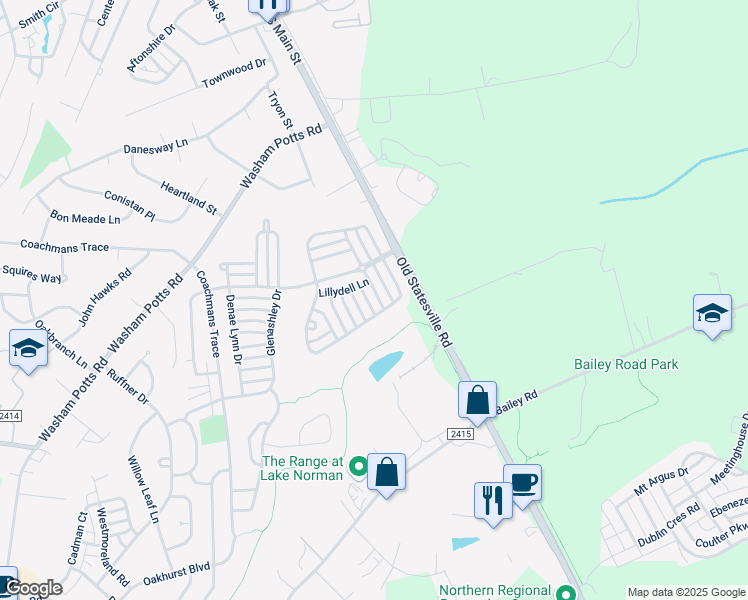 map of restaurants, bars, coffee shops, grocery stores, and more near 19015 Long Pond Lane in Cornelius