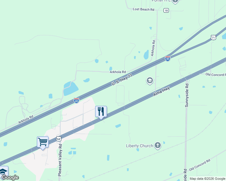 map of restaurants, bars, coffee shops, grocery stores, and more near 2440 Clay Acres Loop in Van Buren
