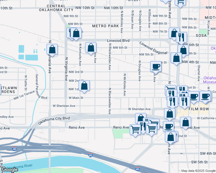 map of restaurants, bars, coffee shops, grocery stores, and more near 1505 Northwest 1st Street in Oklahoma City