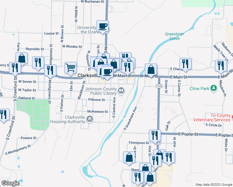 map of restaurants, bars, coffee shops, grocery stores, and more near 305 South Central Avenue in Clarksville