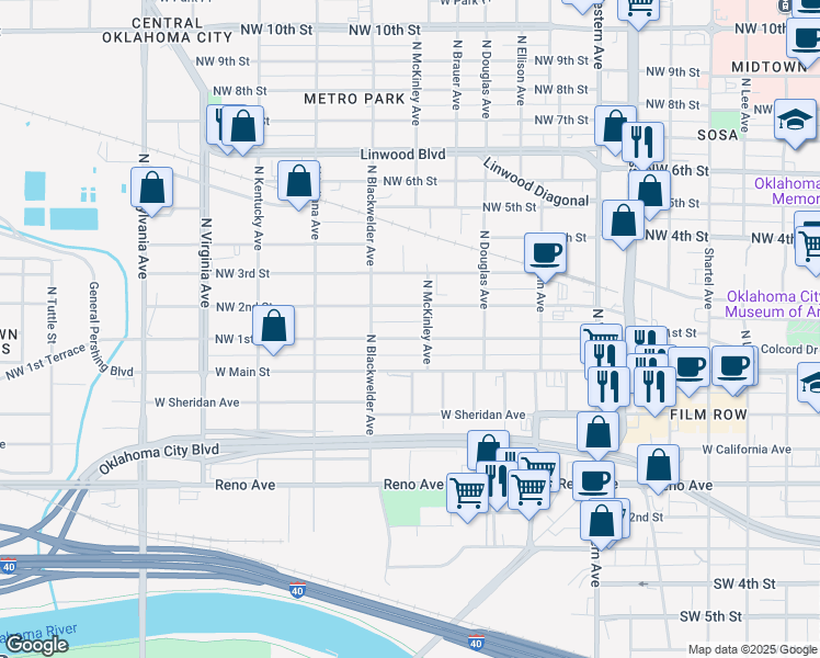 map of restaurants, bars, coffee shops, grocery stores, and more near 1413 Northwest 1st Street in Oklahoma City