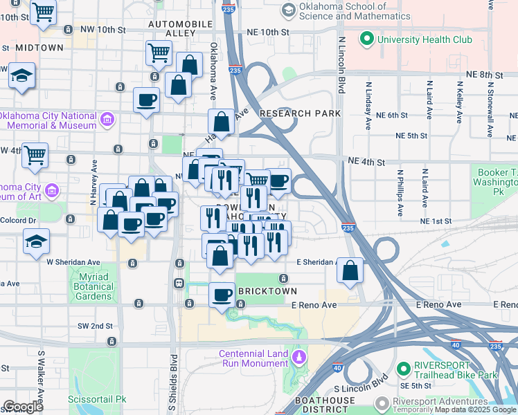 map of restaurants, bars, coffee shops, grocery stores, and more near 213 North Central Avenue in Oklahoma City