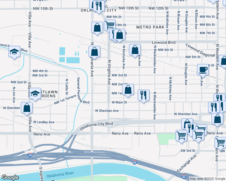 map of restaurants, bars, coffee shops, grocery stores, and more near 1735 NW 1st St in Oklahoma City