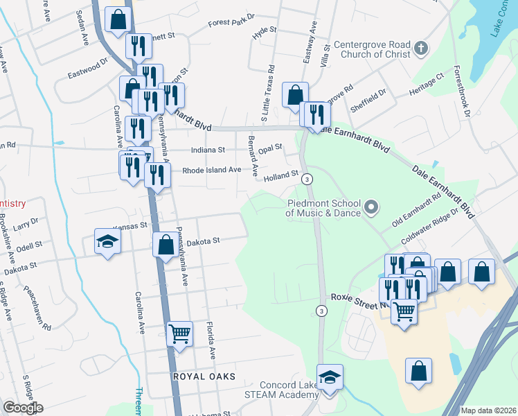 map of restaurants, bars, coffee shops, grocery stores, and more near 1025 Kansas Street in Kannapolis