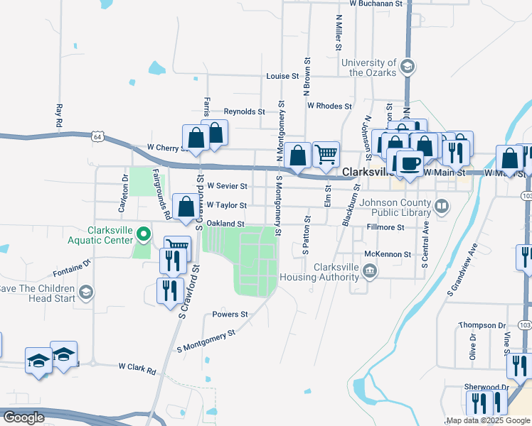 map of restaurants, bars, coffee shops, grocery stores, and more near 1114 West Oakland Street in Clarksville