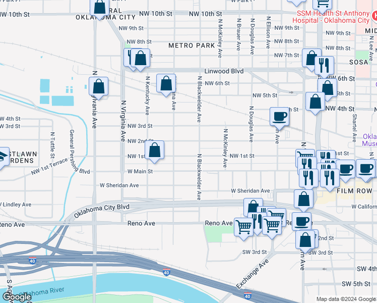 map of restaurants, bars, coffee shops, grocery stores, and more near 1527 Northwest 1st Street in Oklahoma City