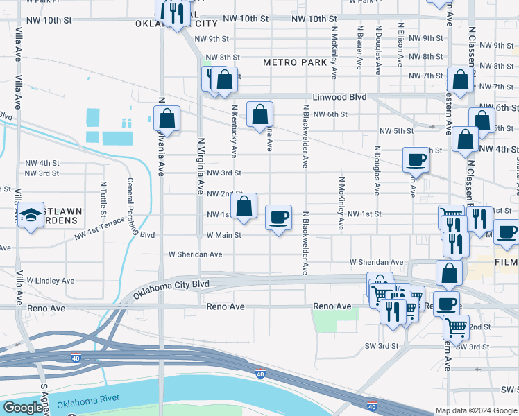 map of restaurants, bars, coffee shops, grocery stores, and more near 1617 Northwest 1st Street in Oklahoma City