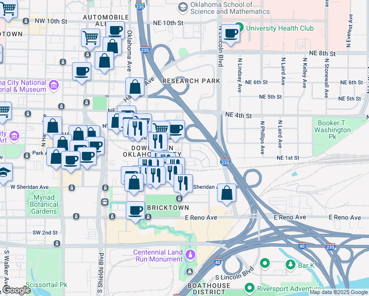 map of restaurants, bars, coffee shops, grocery stores, and more near 210 Russell M.Perry Avenue in Oklahoma City