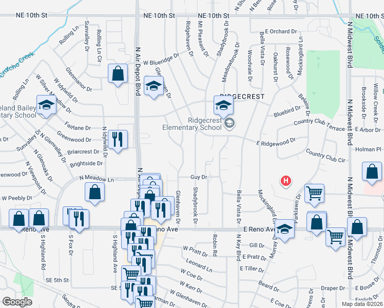 map of restaurants, bars, coffee shops, grocery stores, and more near 3111 Glenhaven Drive in Midwest City