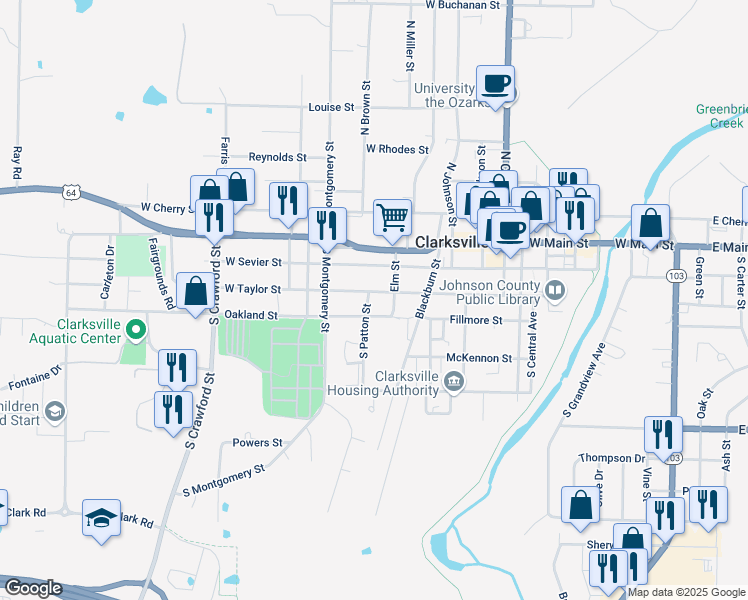 map of restaurants, bars, coffee shops, grocery stores, and more near 301-399 S Patton St in Clarksville