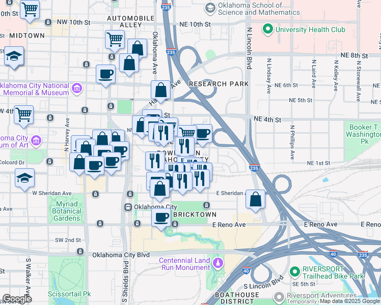 map of restaurants, bars, coffee shops, grocery stores, and more near 219 North Central Avenue in Oklahoma City