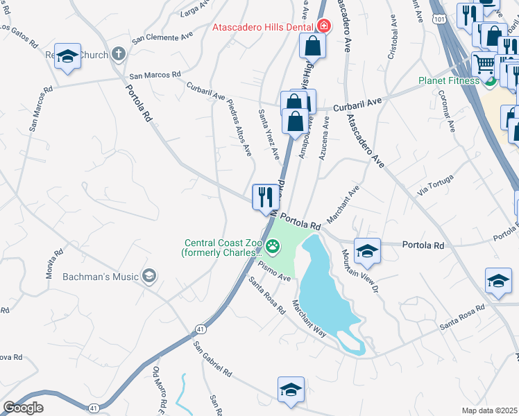 map of restaurants, bars, coffee shops, grocery stores, and more near 7900 Portola Road in Atascadero