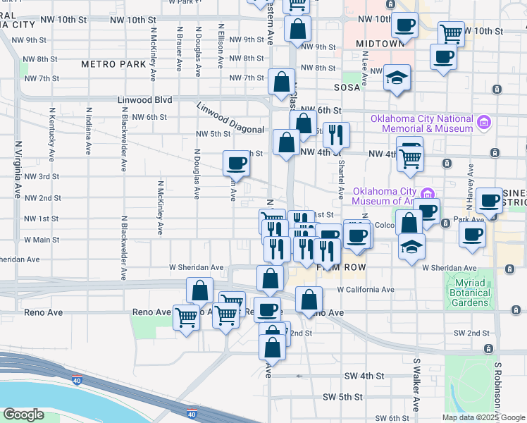 map of restaurants, bars, coffee shops, grocery stores, and more near 200 North Western Avenue in Oklahoma City