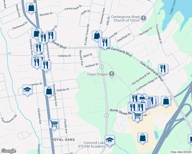 map of restaurants, bars, coffee shops, grocery stores, and more near 1712 Concord Lake Road in Kannapolis