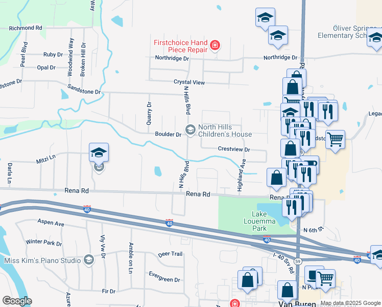 map of restaurants, bars, coffee shops, grocery stores, and more near 2034 North Hills Boulevard in Van Buren