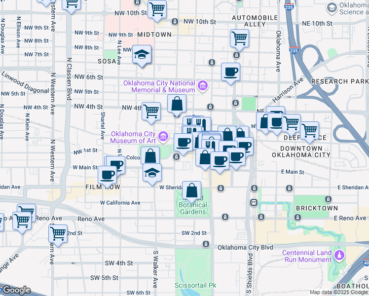 map of restaurants, bars, coffee shops, grocery stores, and more near 321 Park Avenue in Oklahoma City