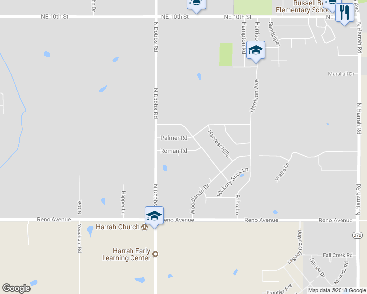 map of restaurants, bars, coffee shops, grocery stores, and more near 20121 Roman Road in Harrah
