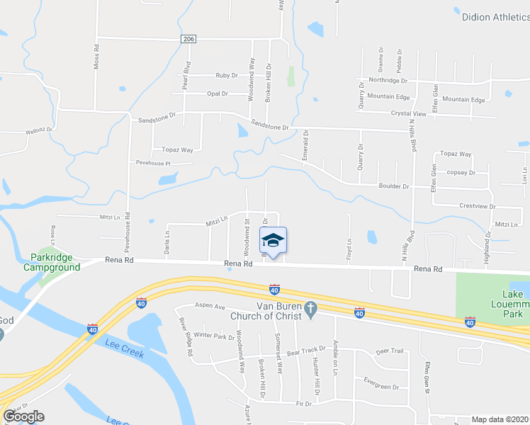 map of restaurants, bars, coffee shops, grocery stores, and more near 900 Mitzi Lane in Van Buren