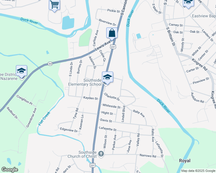 map of restaurants, bars, coffee shops, grocery stores, and more near 903 South Cannon Boulevard in Shelbyville