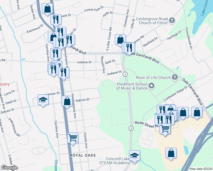 map of restaurants, bars, coffee shops, grocery stores, and more near 1025 Kansas Street in Kannapolis